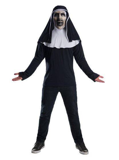 The Nun adult costume top with official Warner Bros logo for spooky Halloween fun.