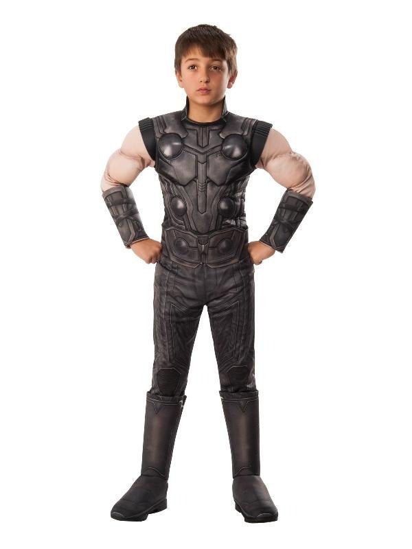 Thor Infinity War costume with deluxe details for kids, Marvel-approved, perfect for home dress-up.