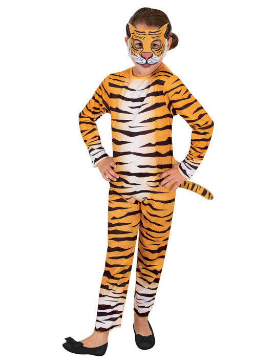 Kids tiger costume with printed jumpsuit and mask for playful at-home dress-up fun.