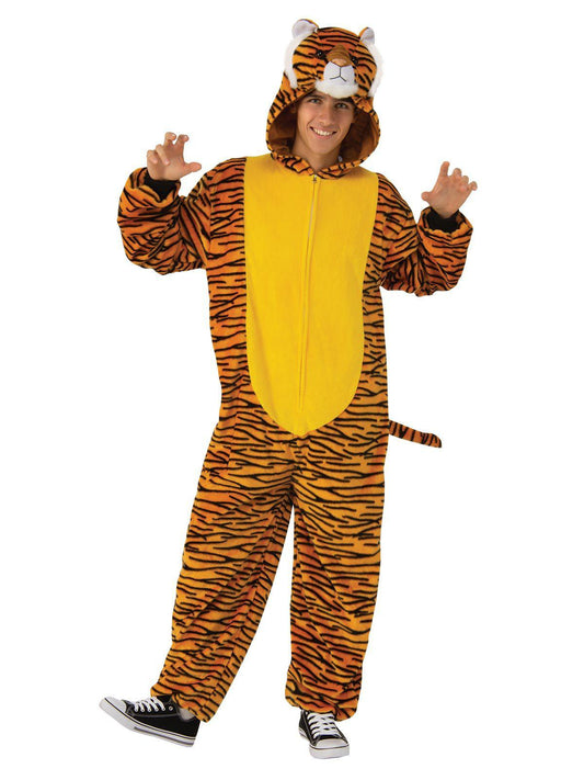 Adults plush tiger costume jumpsuit with hood, perfect for cozy at-home playtime and parties.