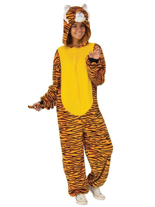 Adult tiger jumpsuit, cozy plush fabric with hood, perfect for fun home dress-up.