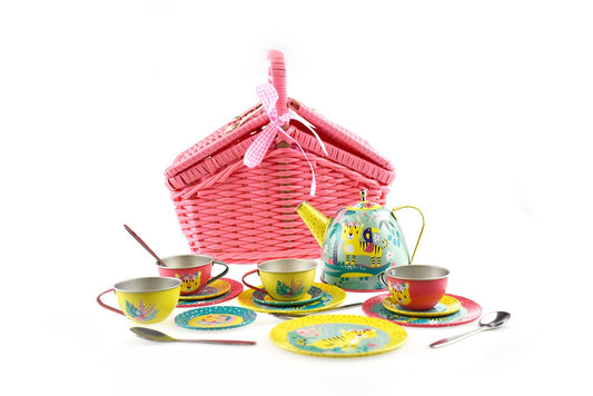 Childrens Tiger Tin Tea Set in Picnic Basket - playful 18-piece set for imaginative play.