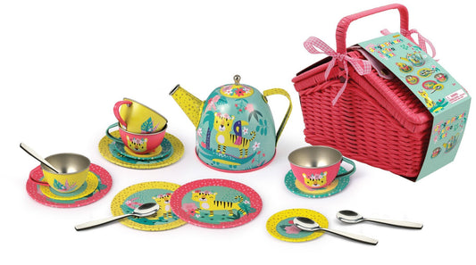 Colorful 18-piece Tiger Tin Tea Set in Picnic Basket for imaginative childrens tea parties.