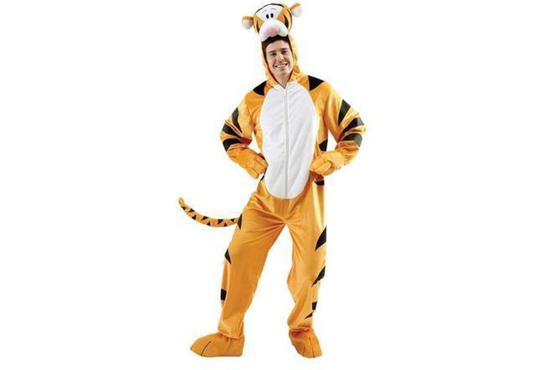 Disney Tigger adult plush costume with character head for fun kids dress-up playtime.