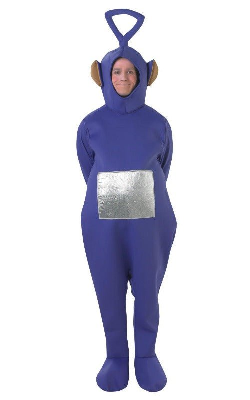 Official Teletubbies Tinky Winky Adult Costume for fun home dress-up playtime.