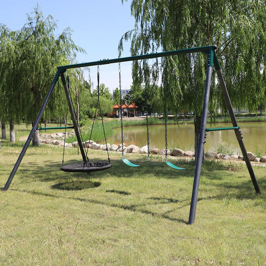 Durable steel swing set for kids outdoor play, designed for long-lasting fun at home.