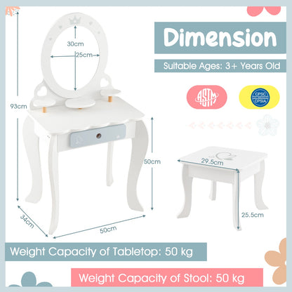 Kids wooden vanity set with stool and accessories for imaginative pretend play fun at home.