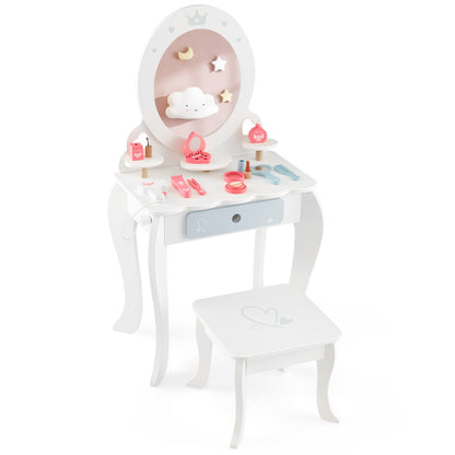 Kids wooden vanity set with stool and accessories for imaginative pretend play at home.