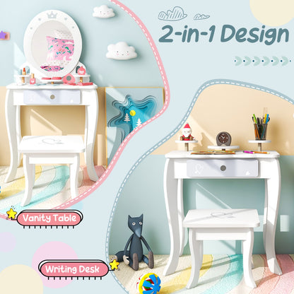 Kids wooden vanity set with stool for imaginative pretend play at home.