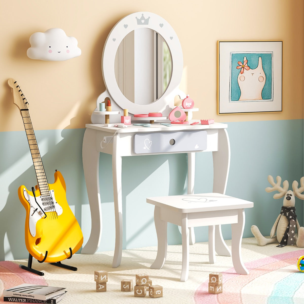 Kids wooden vanity set with stool, mirrors, and accessories for imaginative play at home.