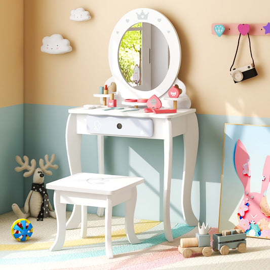 Kids wooden vanity set with stool and accessories for imaginative pretend play at home.