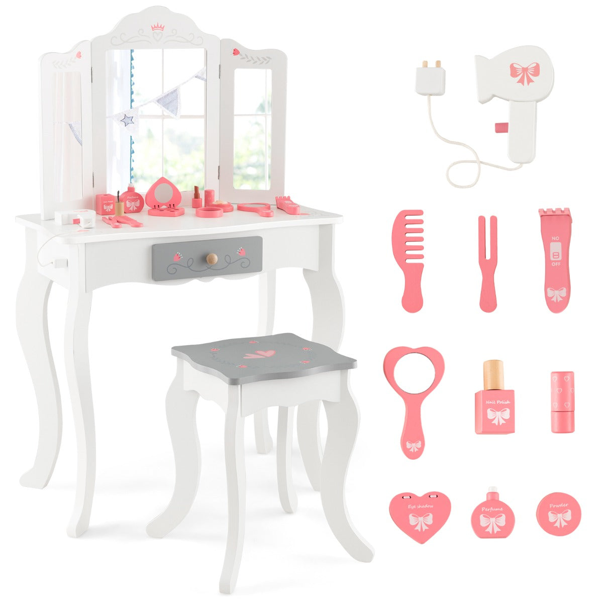 Kids princess vanity set with mirror for imaginative play and grooming (3+ age group).