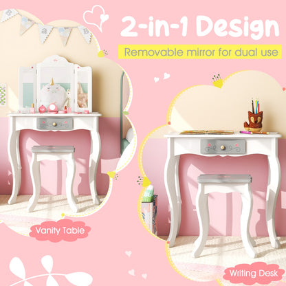 Kids vanity table and chair set with mirror for imaginative play and pretend makeup.