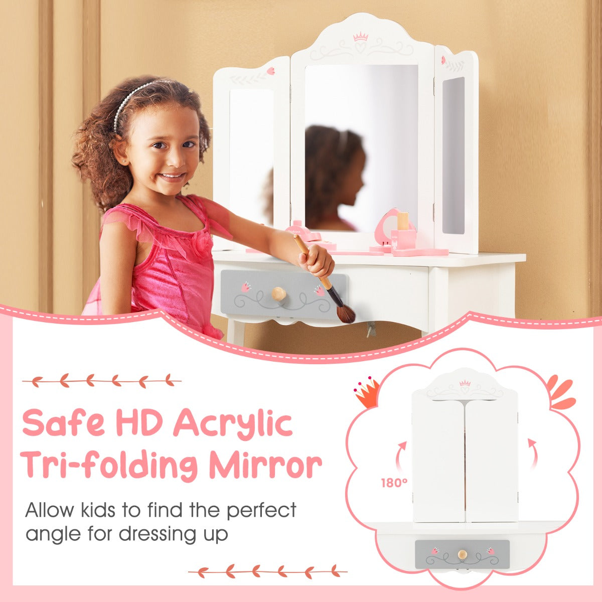 Kids princess vanity table and chair set with mirror, perfect for imaginative play.