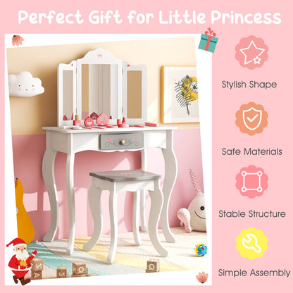 Kids princess vanity table set with mirror, perfect for imaginative play and dress-up fun.