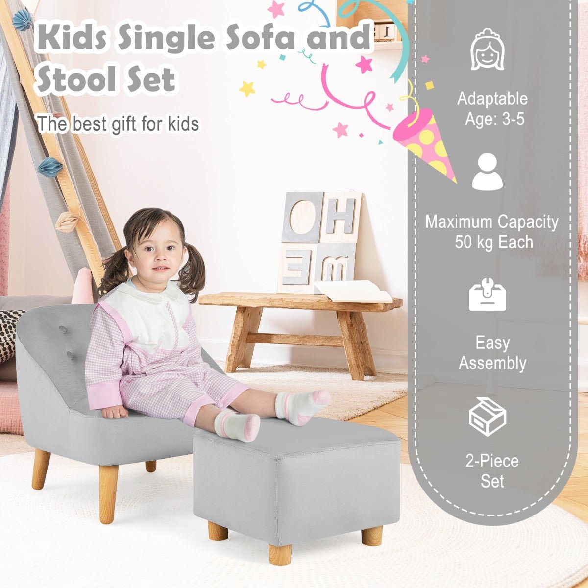 Kids Single Sofa Chair & Stool - Grey, Ages 3-5, Cozy Set