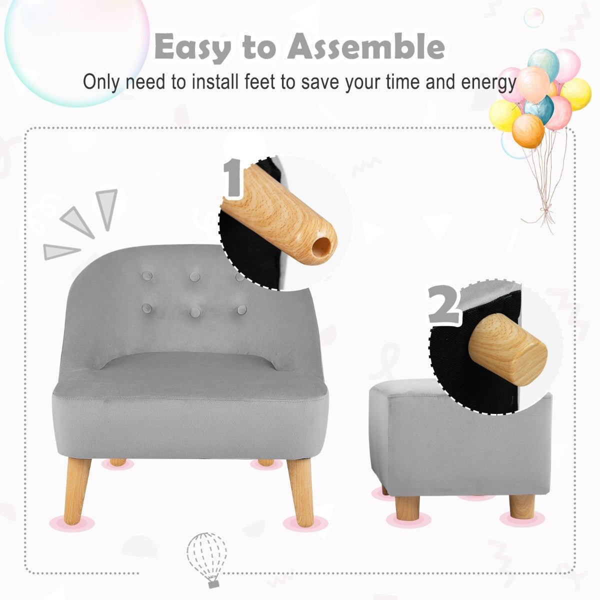  Toddler Grey Sofa Chair & Stool - Ages 3-5, Comfort Set