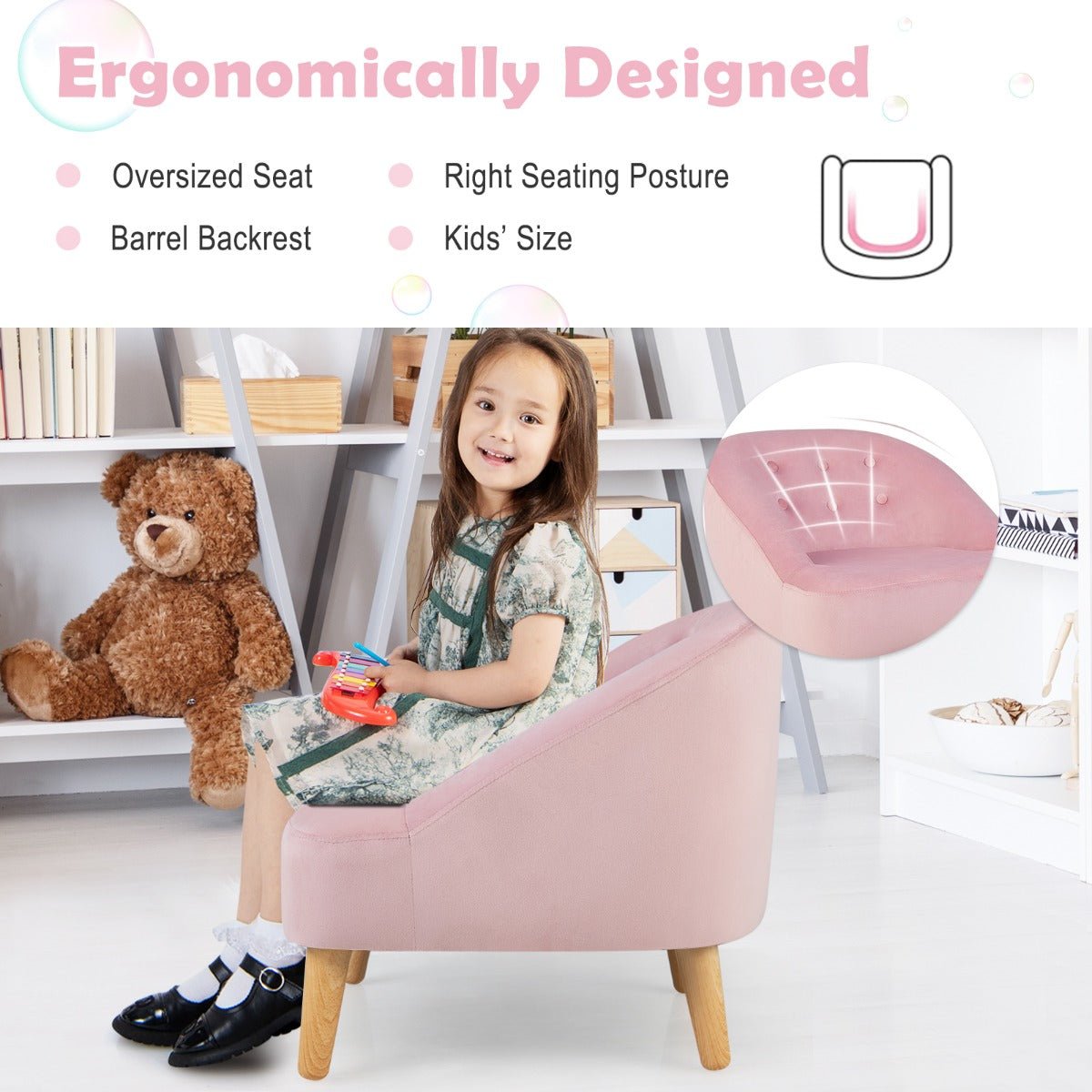 Kids Single Sofa Chair & Stool - Pink, Ages 3-5, Matching Pair