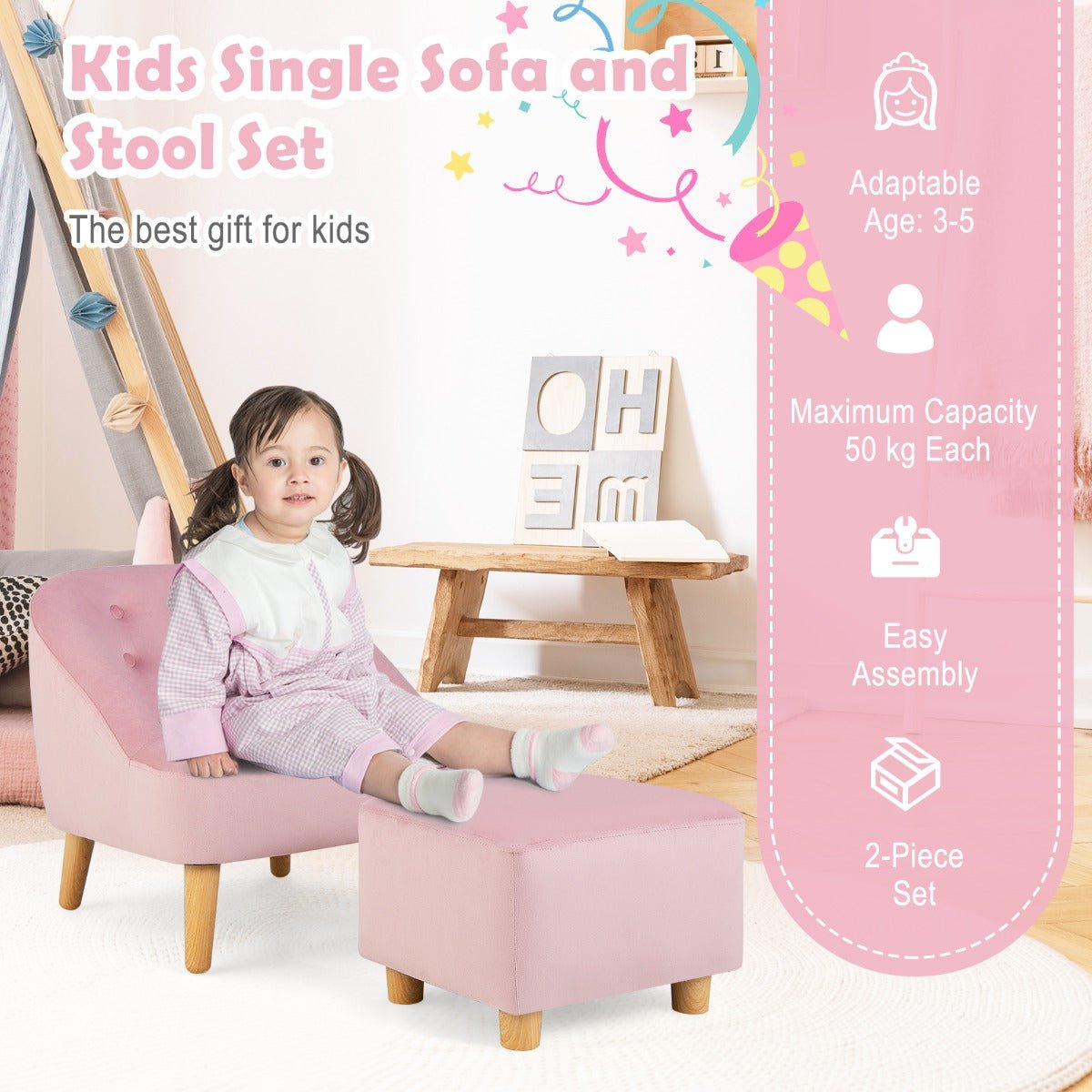 Kids Single Sofa Chair & Stool - Pink, Ages 3-5, Cozy Set