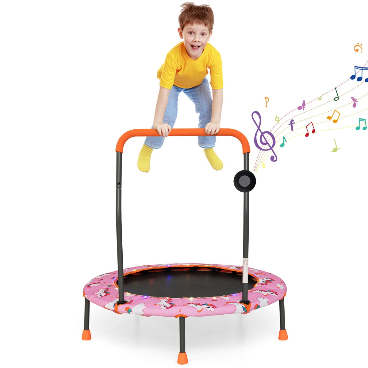 Pink LED music trampoline for toddlers, provides fun bouncing experience at home.