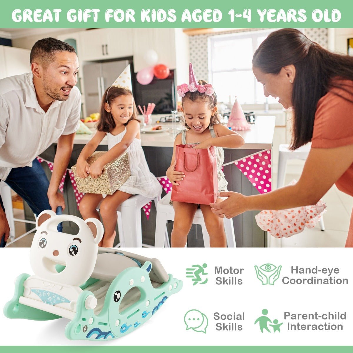 Toddlers Playtime Rocking Horse, Slide, & Hoop Set Green - Kids Mega Mart