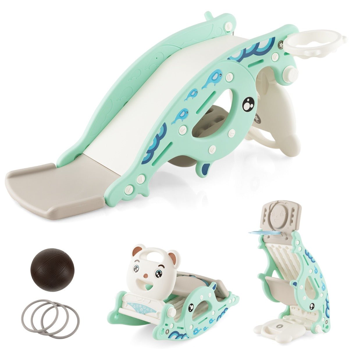 Green 4-in-1 toddler rocking horse and slide playset for versatile indoor fun.