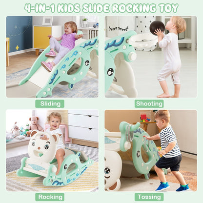 Green Toddler Rocking Horse and Slide Playset for indoor fun and active play.