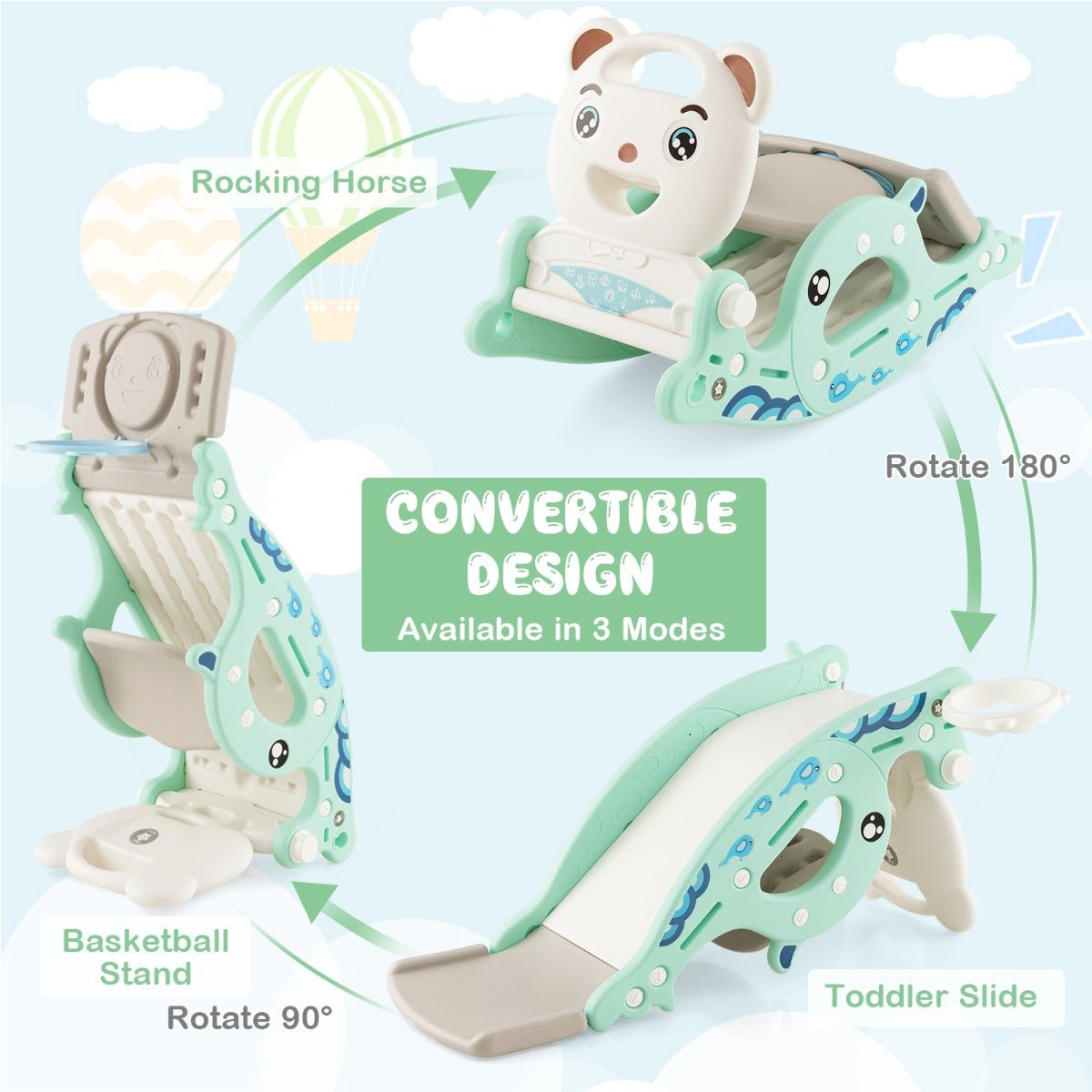 Versatile 4-in-1 toddler playset with rocking horse, slide - ideal for indoor fun.