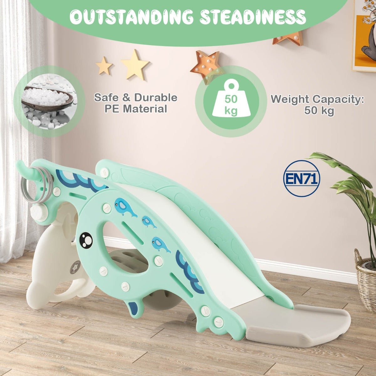 Green 4-in-1 Toddler Rocking Horse and Slide Playset - versatile indoor/outdoor play option for kids