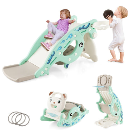 Green 4-in-1 Toddler Rocking Horse and Slide Playset for indoor play and fun activities.