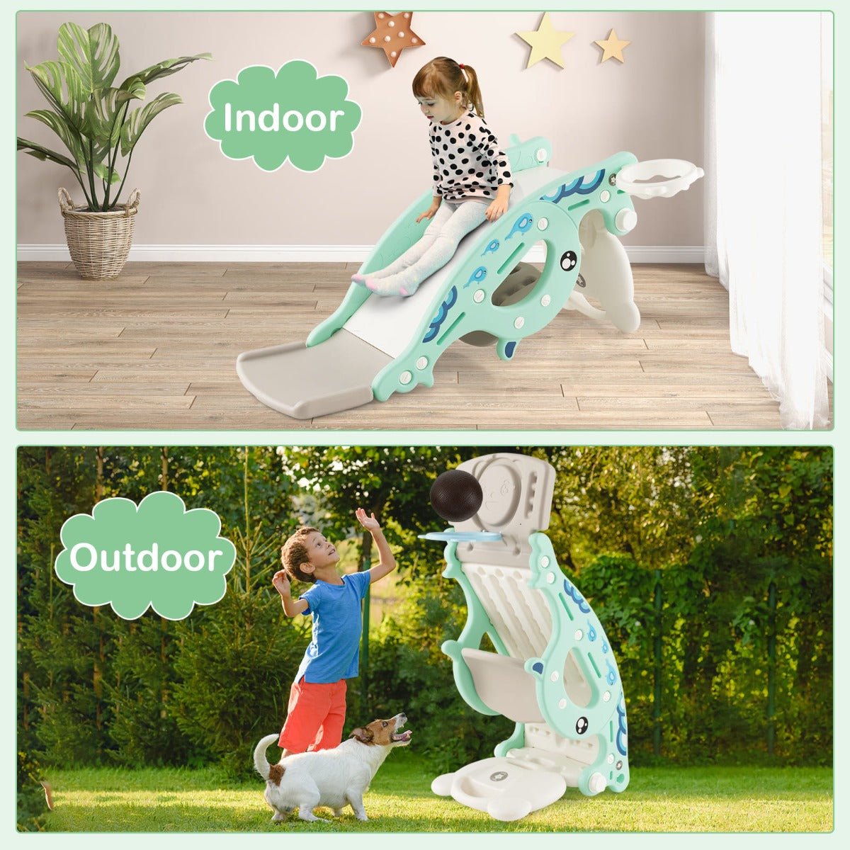 Green 4-in-1 Toddler Rocking Horse and Slide Playset for fun indoor playtime.