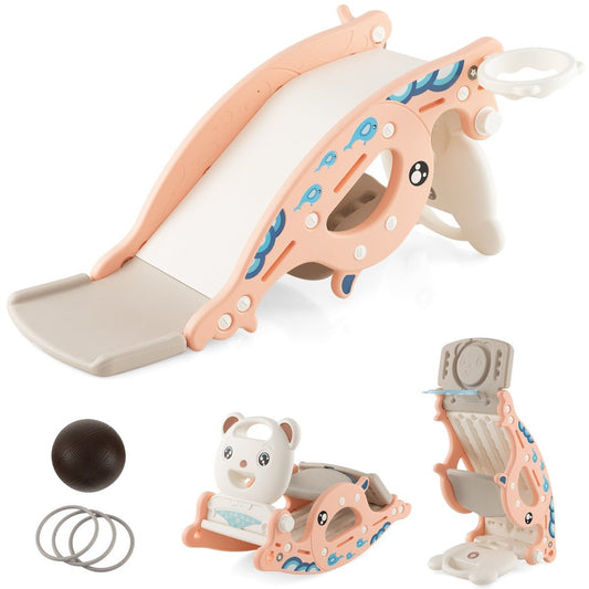 Multi-functional pink toddler playset with slide, rocker, and basketball hoop for home playtime.