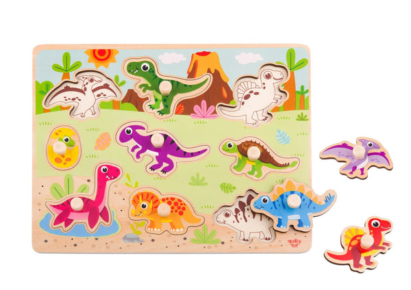 Tooky Toy Dinosaur Peg Puzzle - 9 pieces to lift, match & discover dinosaurs, improves coordination & cognitive skills