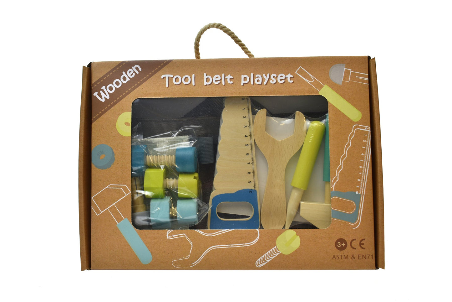 Colorful Tool Belt Playset for kids pretend play at home, featuring toy tools and accessories.