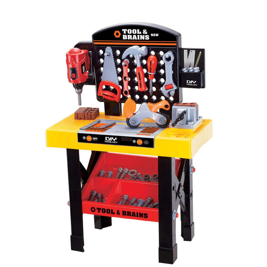 Kids tool bench playset with pretend tools for imaginative and creative play at home.