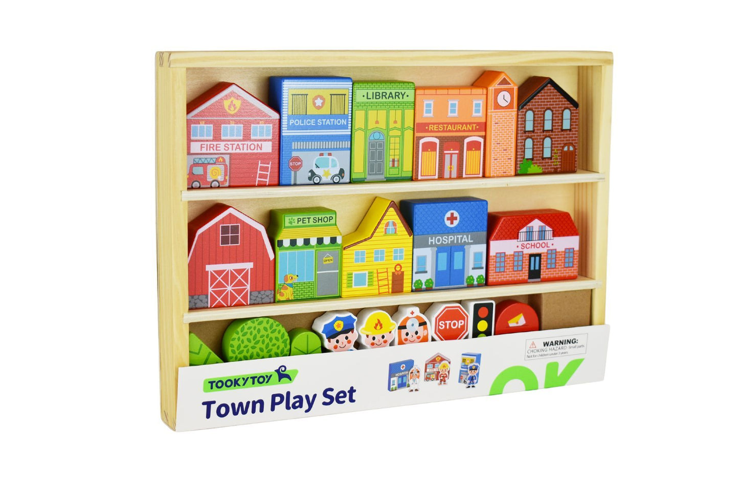 Wooden town play set for imaginative play, ideal for childrens pretend play at home.