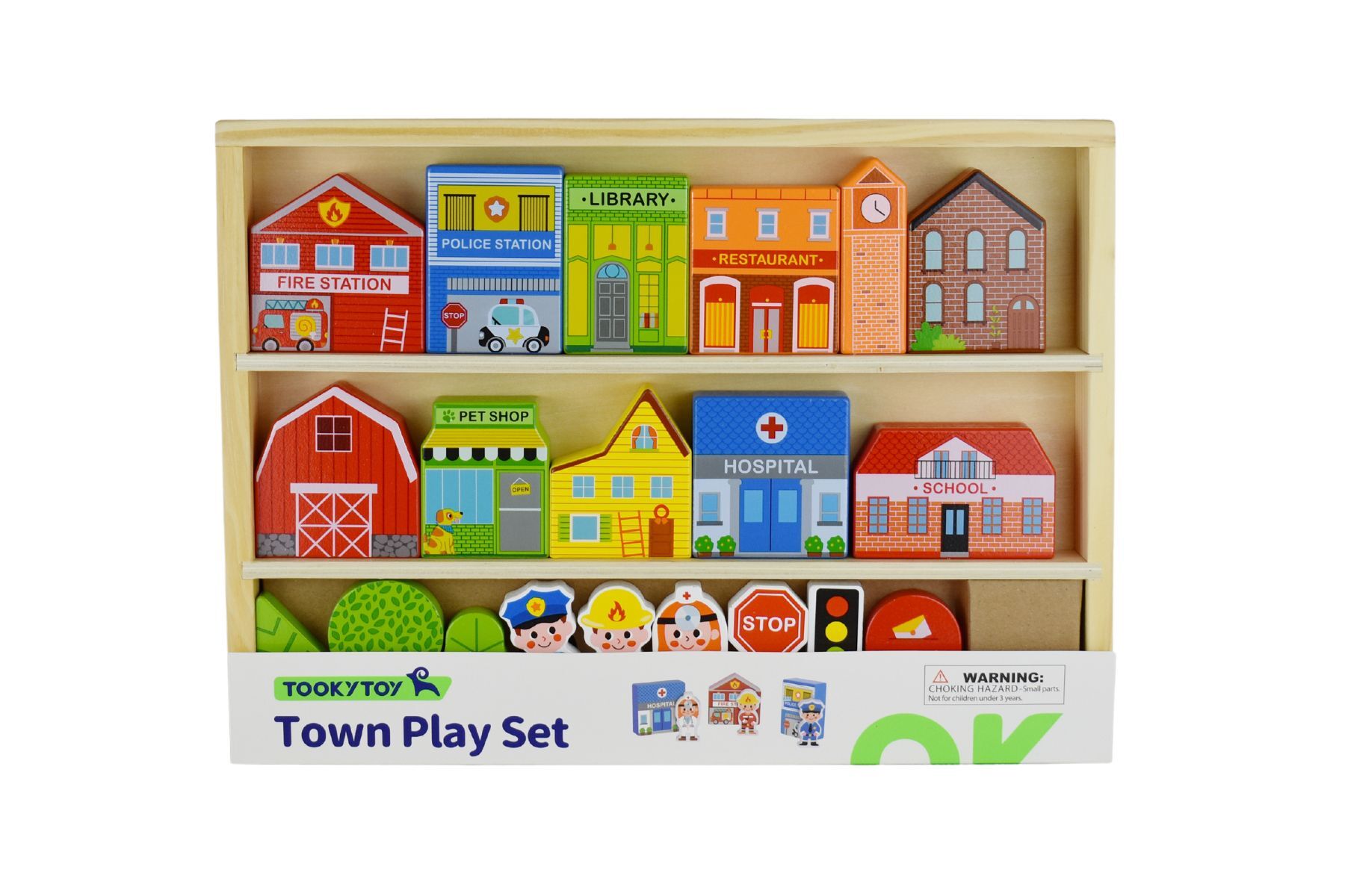 Wooden case town play set for imaginative play, perfect for childrens creative playtime.