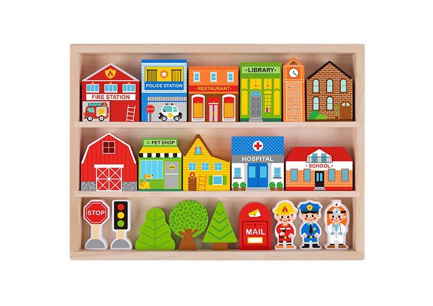 Wooden town play set in case, perfect for imaginative play and portable storage.