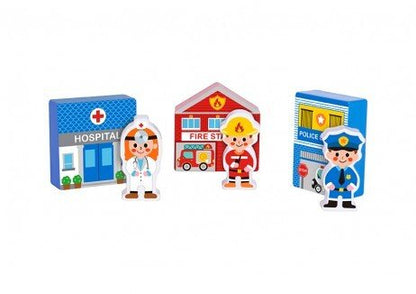 Colorful town play set in portable wooden case for imaginative play at home.