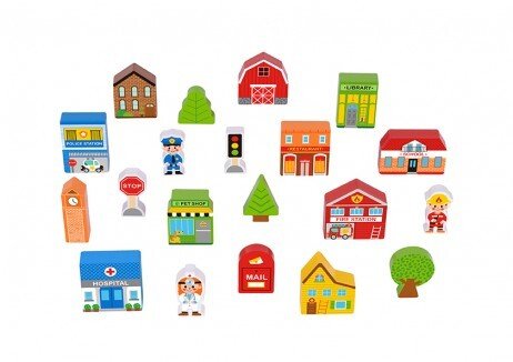 Wooden town play set for imaginative play, perfect for childrens creative fun at home.