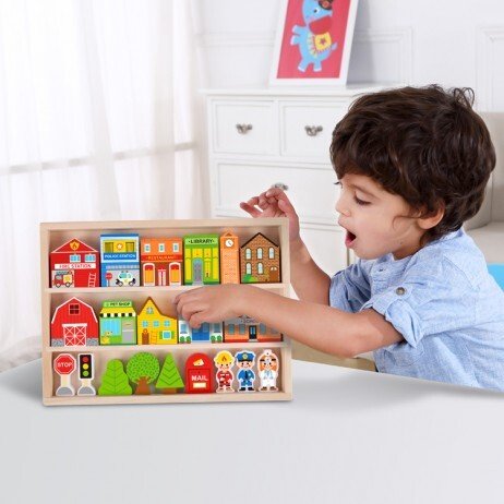 Imaginative town play set in sturdy wooden case for interactive kids fun at home