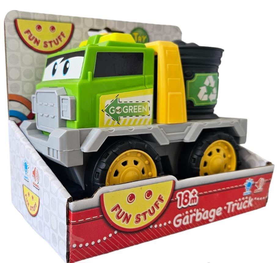 Colorful toy garbage truck with lights and sounds, engaging play for toddlers 18m+