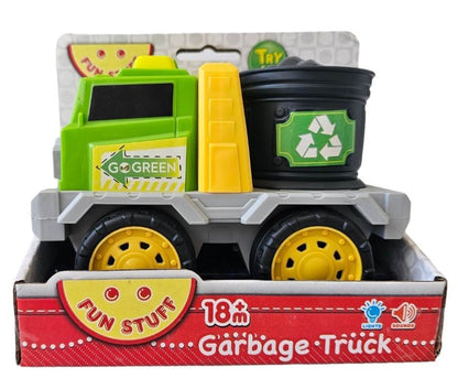 Interactive toy garbage truck for kids 18m+ with sound and lights feature.