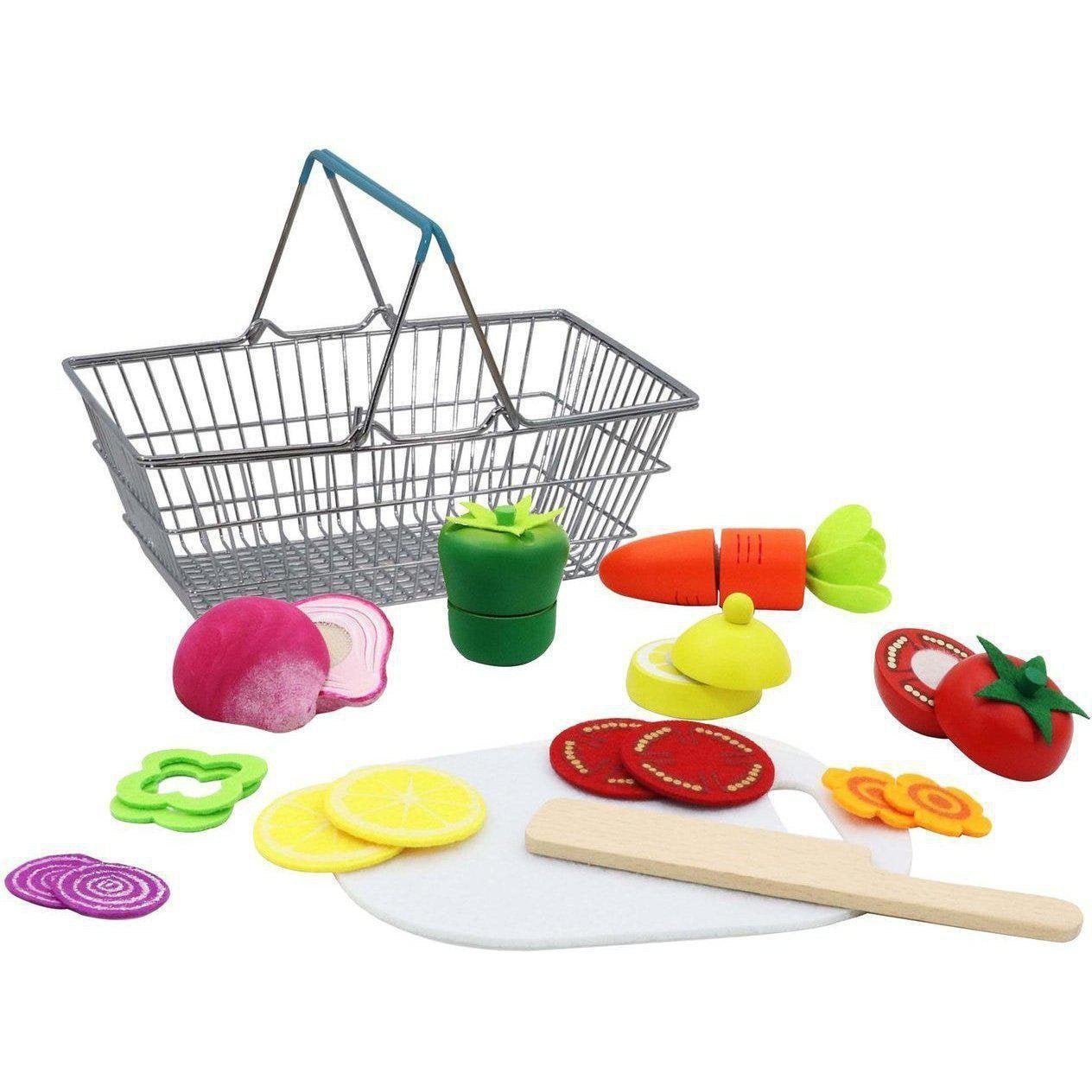 Mini metal shopping basket with toy vegetables for imaginative play at home.