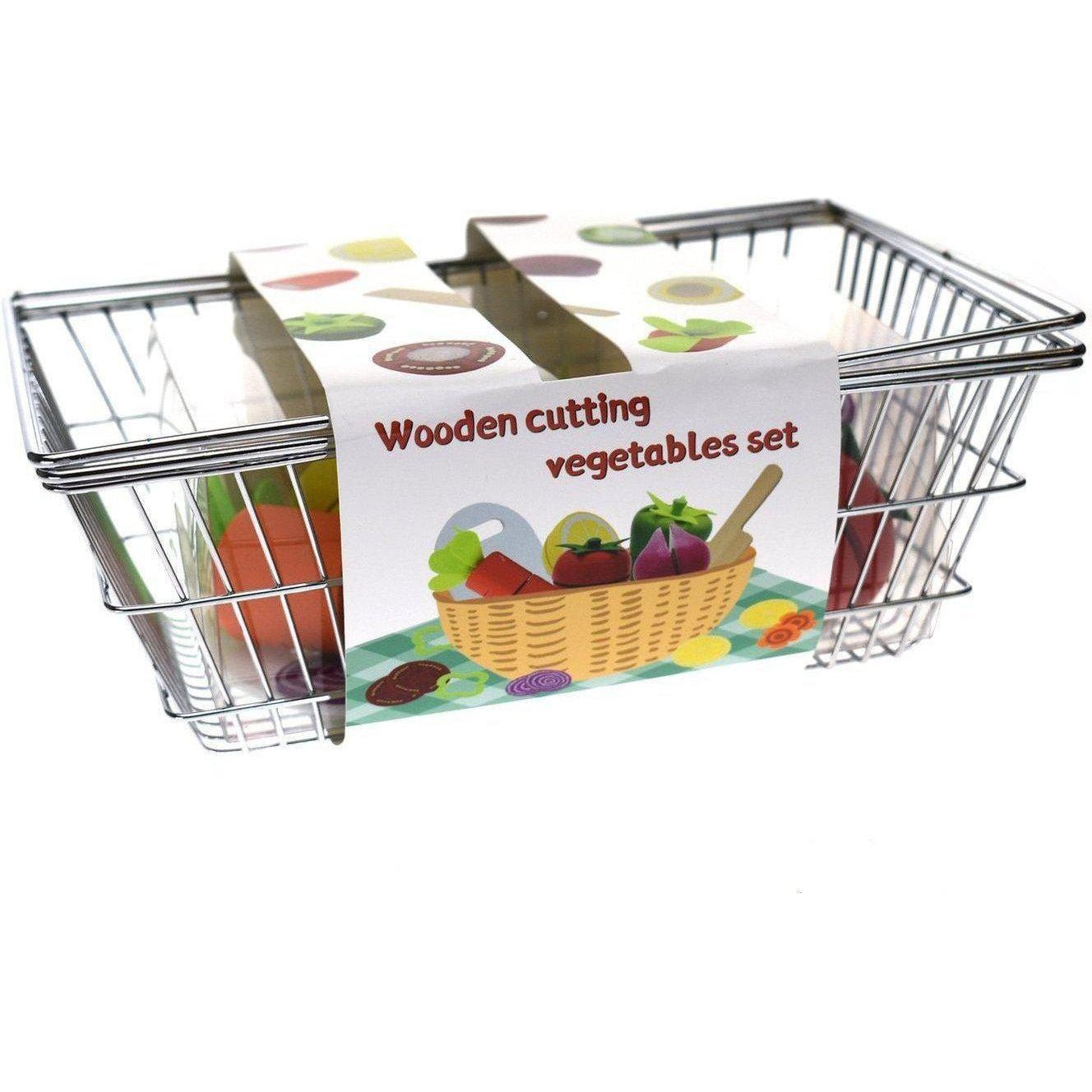 Metal shopping basket toy with colorful play vegetables for imaginative home fun.