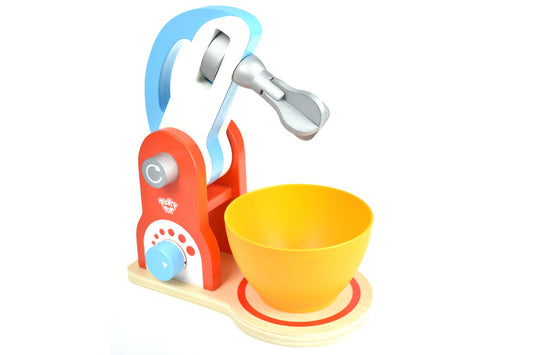 Wooden toy mixer for kids pretend play cooking activities, promoting creativity and motor skills.