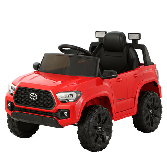 Red Toyota kids electric off-road car with 12V battery for thrilling home adventures.