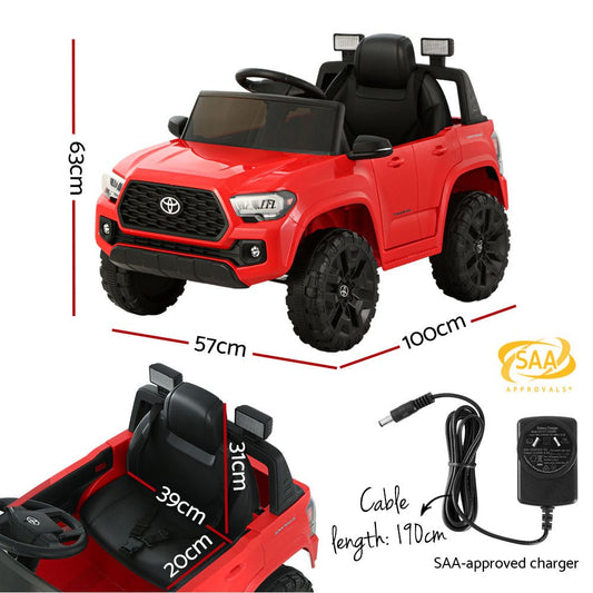 Red Toyota electric ride-on car for kids, modeled after Tacoma Off Road Jeep, 12V battery-powered.