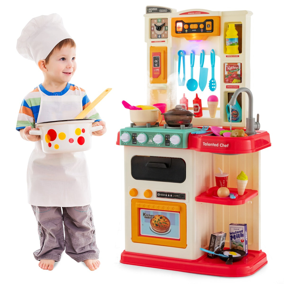 Pink Kids Play Kitchen Set with 65 Pieces for Imaginative, Realistic Cooking Fun