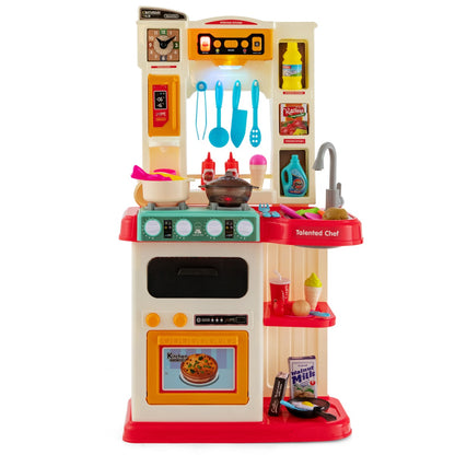 Colorful kids play kitchen set with 65 realistic pieces for imaginative home playtime.